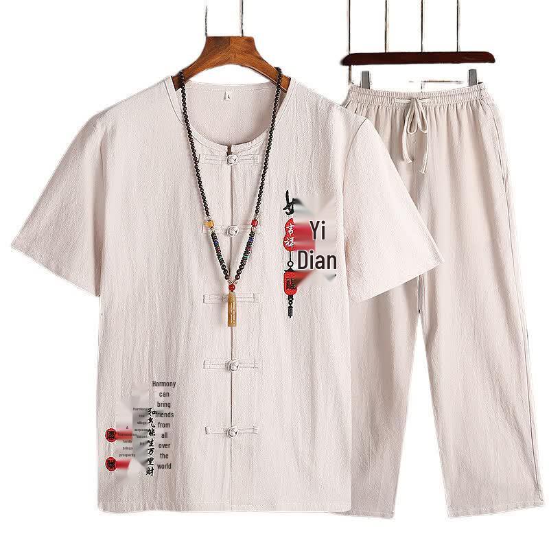 Tucano Men's Chinese Style Cotton Linen Short Sleeve Set