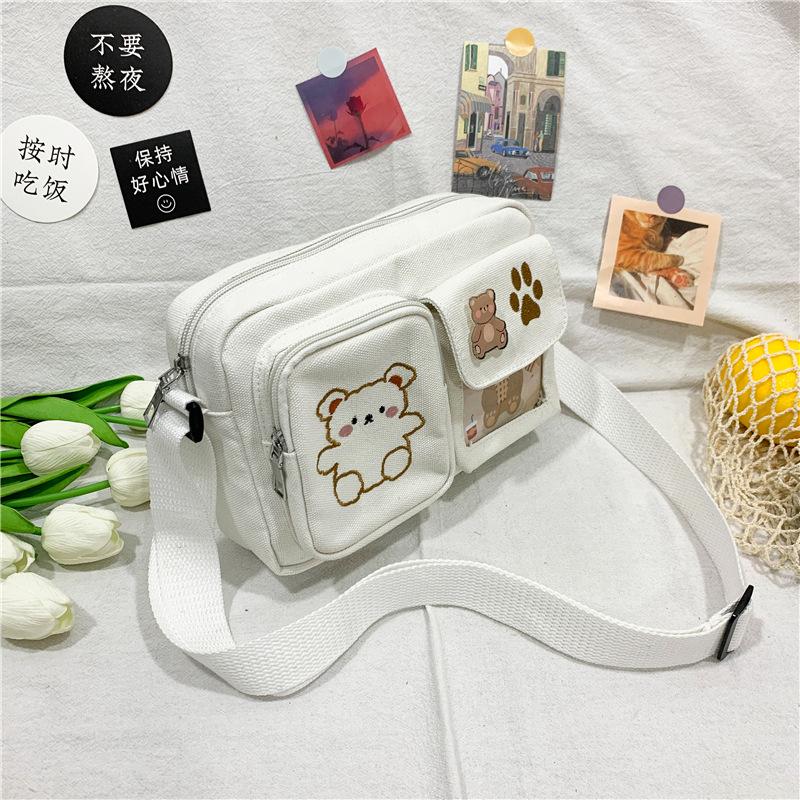 Fashion Canvas Small Bag Japanese Ins Women Shoulder Bag Cute Funny Personality Embroidery Bear Teenager Girl Student Transparent Messenger Bag