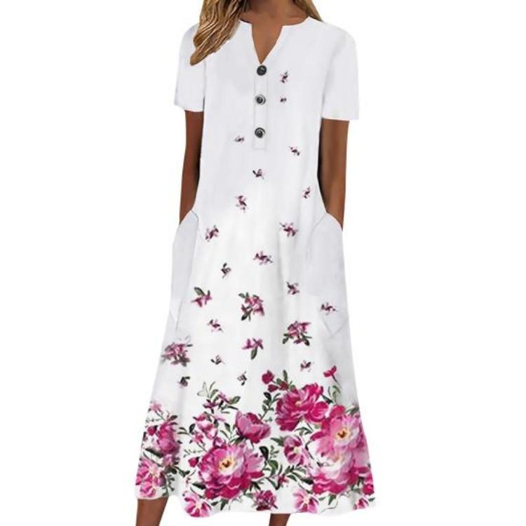 Long T Shirt Dress for Women Summer Casual Button Up V Neck Short Sleeve Printed Maxi Swing Beach Sundress