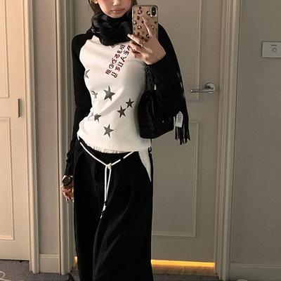 American Retro Contrasting Colors Pullovers Autumn New Star Printed Female Clothing Patchwork Fashionable Bandage Slim T-shirts