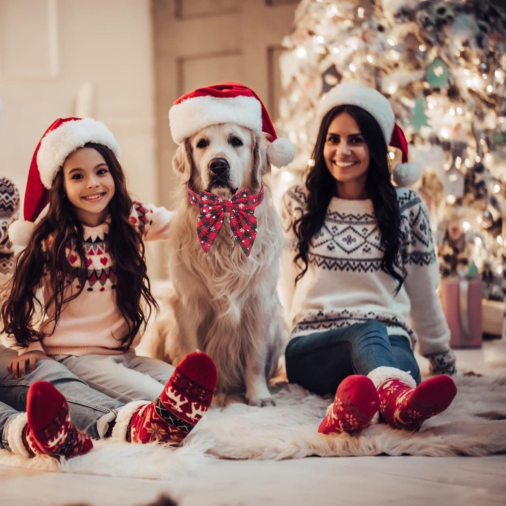 Christmas Dog Collar with Bow Adjustable Cotton Red Plaid Bowtie Dog Christmas Collars for Large Dogs Pets