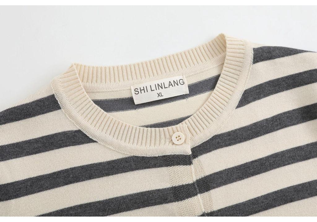 2025 Spring Plus Size Women's Striped Knit Cardigan - Simple, Round Neck, Korean Style, Slimming, Age-Reducing Sweater for 220 jin