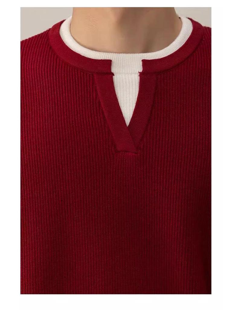 Men's Red V-Neck Sweater: Fake Two-Piece Design, Zodiac Year, Autumn/Winter Knitwear, Versatile Inner/Outer Layer, New Year Style.