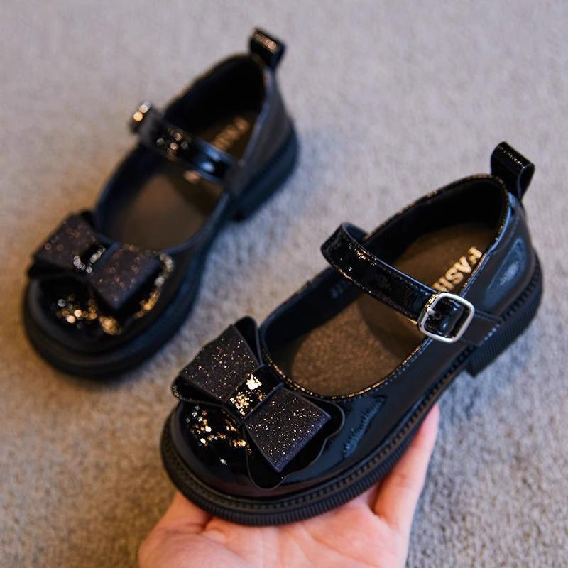 2024 Spring & Autumn Girls Princess Leather Flats - British Style, Soft Sole, Black Size 30 (Insole 19cm) чёрный