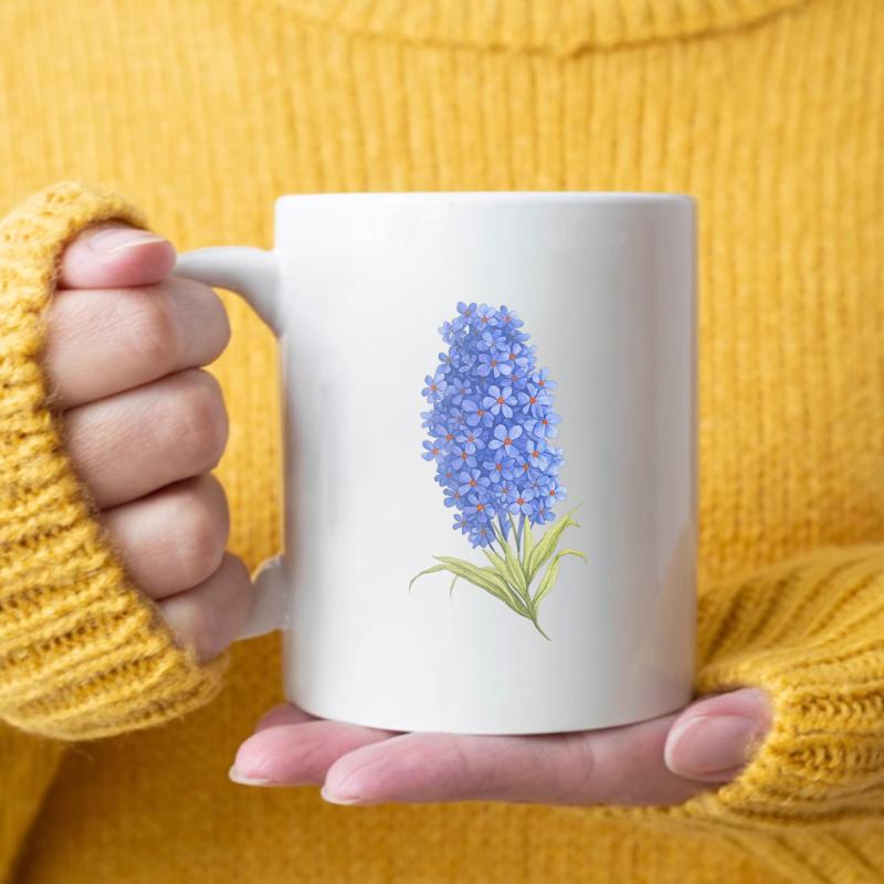 Ceramic coffee mug with white and blue flowers for home, office and as a gift белый