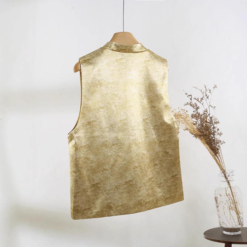 Spring and summer new temperament woven gold jacquard vest retro zen simple stand-up collar disc buckle women's vest
