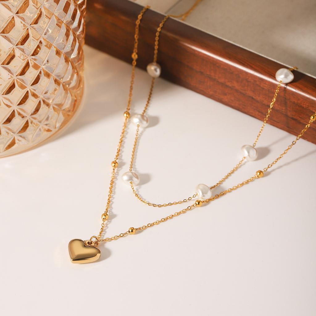 Layered Pearl Necklace With Heart Pendant Titanium Steel Choker For Women Elegant Collarbone Chain