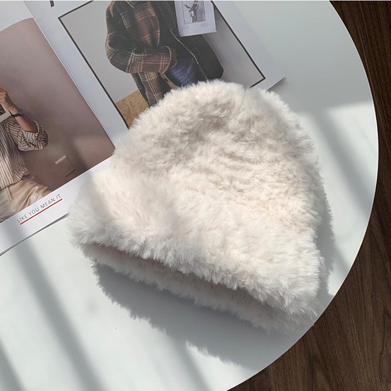White Plush Hat Female Autumn and Winter Furry Face Small Winter Warm Confinement Wool Fisherman Knitted Cold Hat