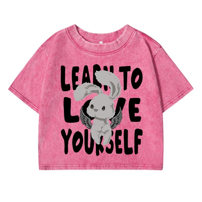 Letter Cute Rabbitprinting Female Washed Short T-Shirt Summer Cool T Shirts Distress Clothes Breathable Soft T-Shirt