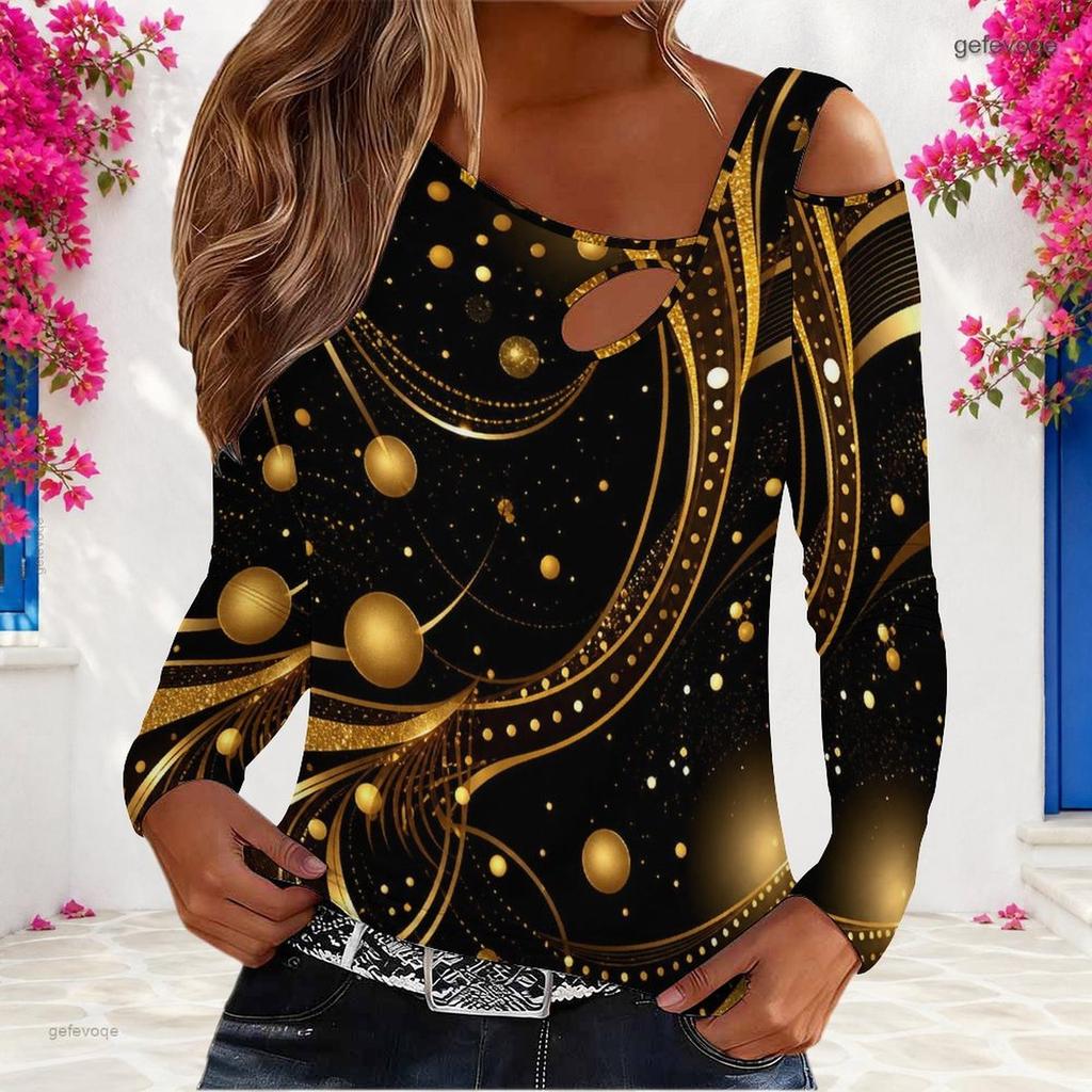 Women Plus Size Asymmetric Cutout Neck Cold Shoulder Long Sleeve Fitted Pastel Gradient Printed Top