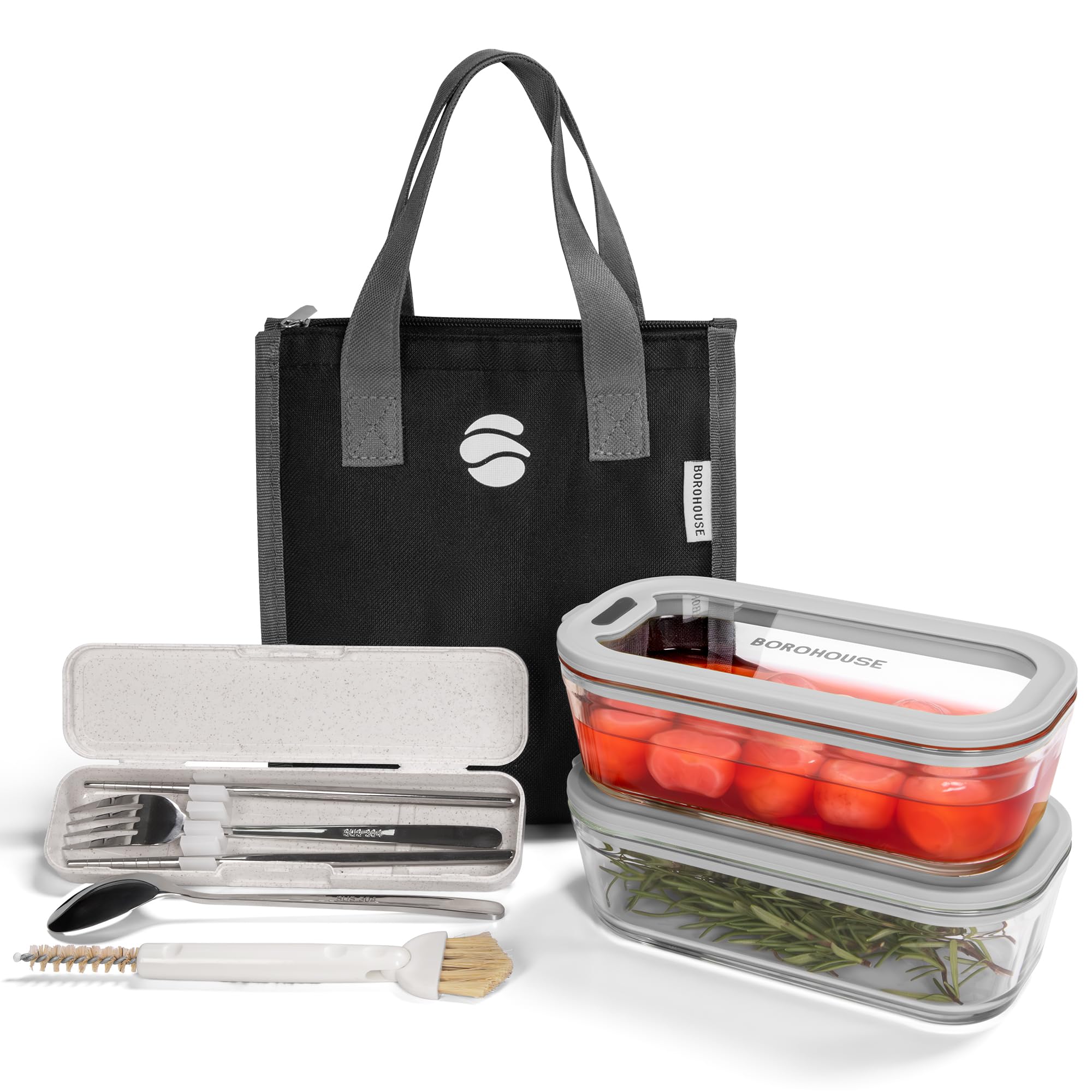 

BOROHOUSE Стекло 560 мл x Безопасный Идеально для Офиса и Включает Ланч Столовые приборы из Нержавеющей Стали и Очистка Высокоборосиликатное Термостойкое серый