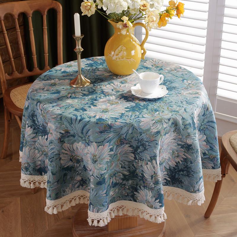 Vintage Polyester Cotton Color Woven Jacquard Oil Painting Blue Daisy Cross Fringed Tablecloth Round Coffee Table Tablecloth Dining Table Cloth