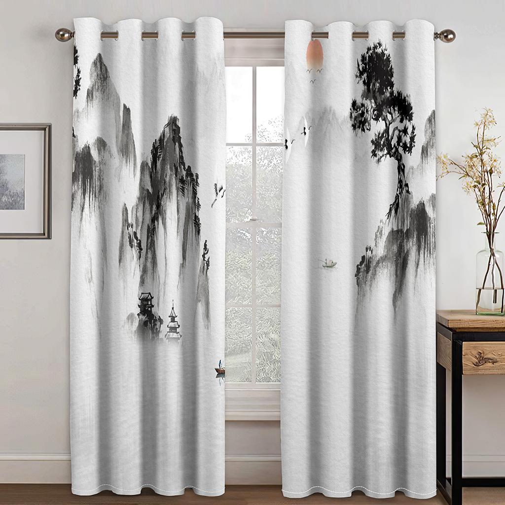 3D Ink Mountain View Curtains Art Style Bedroom Balcony Window Decorative Curtains 2 Panels