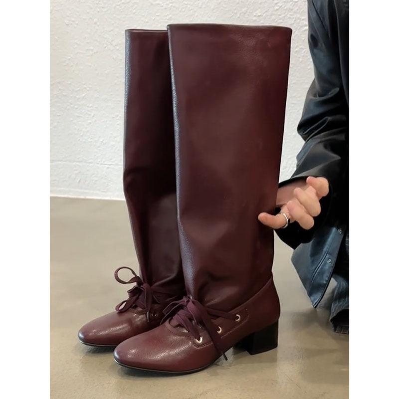 Sheepskin version~ retro round head pleated straps stacked boots women's 2025 new thick heel ballet style tall knight boots