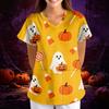 Women's Halloween Print Loose V-Neck Short Sleeve Pocket Uniform Top Scrub Costume Cosplay for Adult Women