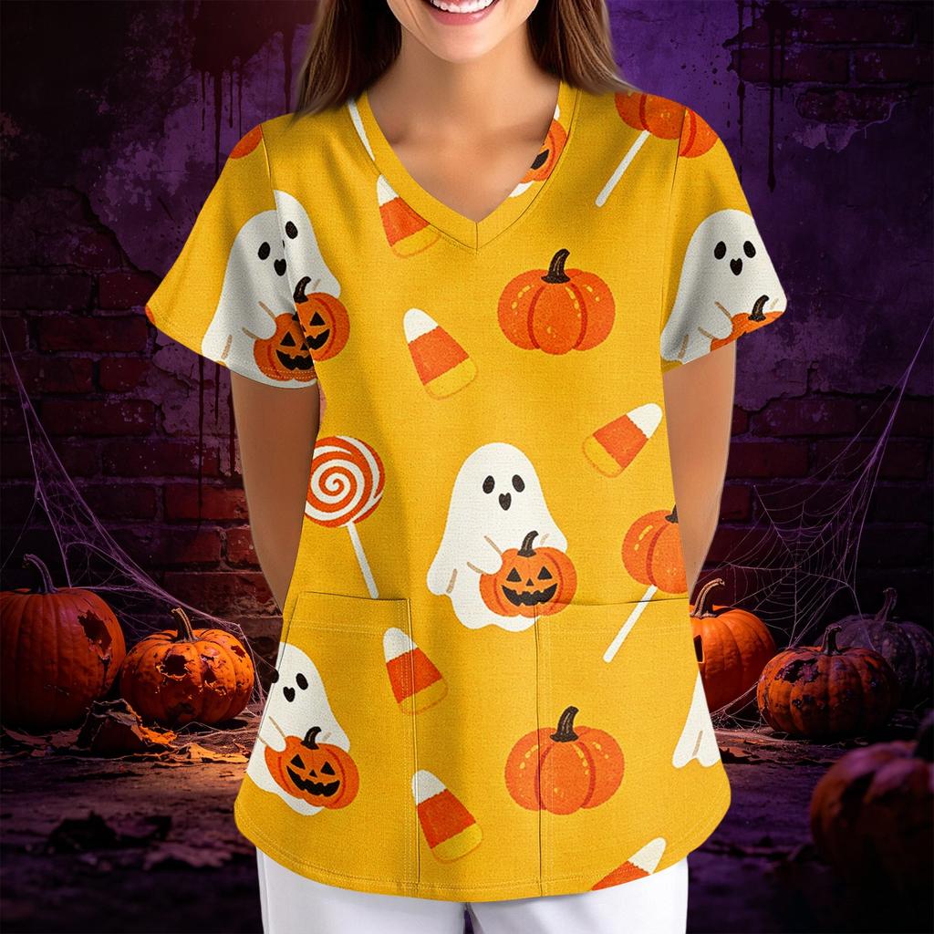 Women's Halloween Print Loose V-Neck Short Sleeve Pocket Uniform Top Scrub Costume Cosplay for Adult Women