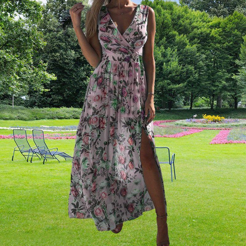 Amazon Foreign Trade European and American Women's Clothing 2024 Spring and Summer Fashion V-Neck Sleeveless Printed Dress with Tie and Slit