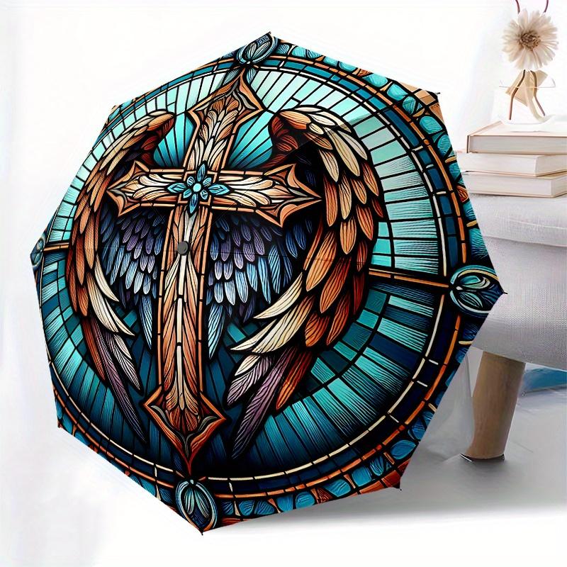 Stained Angel Cross Artwork: Spiritual Window DecorUmbrella, Portable 3-Fold Compact Umbrella for Men & Women Gift