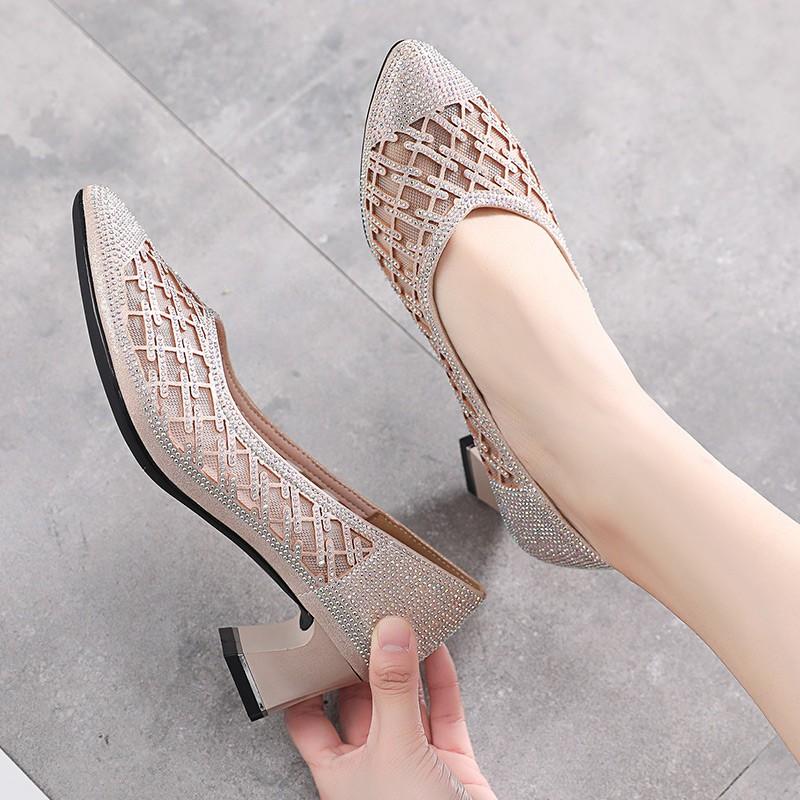 Breathable Rhinestone Cutout Mesh Shoes with Heels Summer 2025 Women's Round Head Soft Leather Sandals for Office Mom Wedding