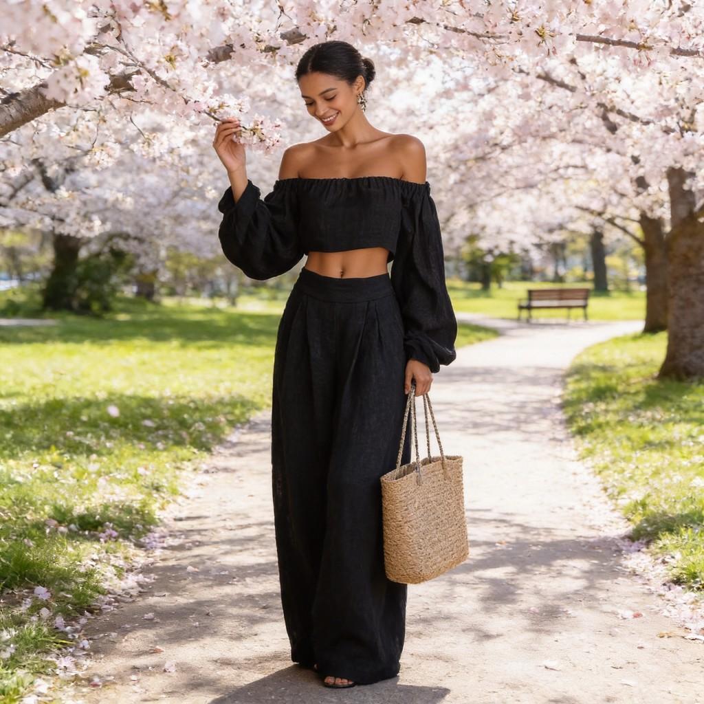 Spring Womens Off Shoulder Crop Top And Wide Leg Pants Set With Spliced Design For Casual Wear