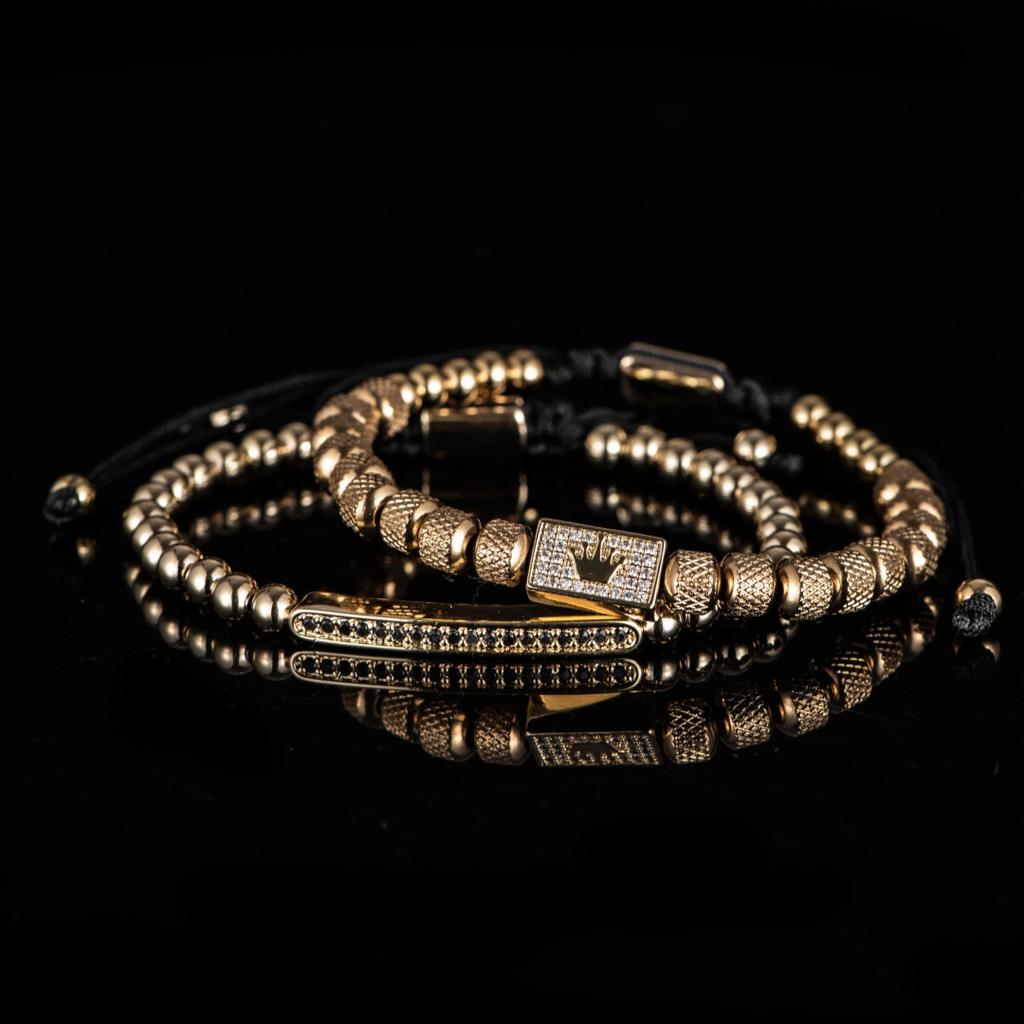 2-piece Set European and American Micro-inlaid Zircon Square Crown Stainless Steel Beaded Pineapple Bead Men's Bracelet Set