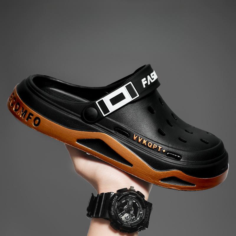 

Men s Sandals, Summer Breathable, Lightweight, Soft-soled Baotou Hole Shoes, Slippers, Dual-use Beach Shoes 44-45 золотой/чёрный