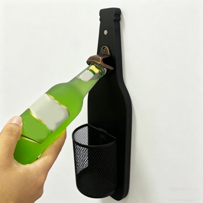 Wandmontierter Holz-Bierflaschenöffner mit integriertem Kapselheber und Flaschenverschlussentferner für Küche und Außenbereich