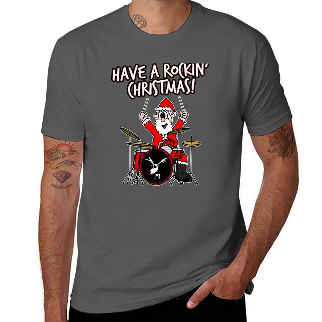 Have A Rockin Christmas Santa Drumming Drummer Drums TShirt Water Resistant Casual TShirt