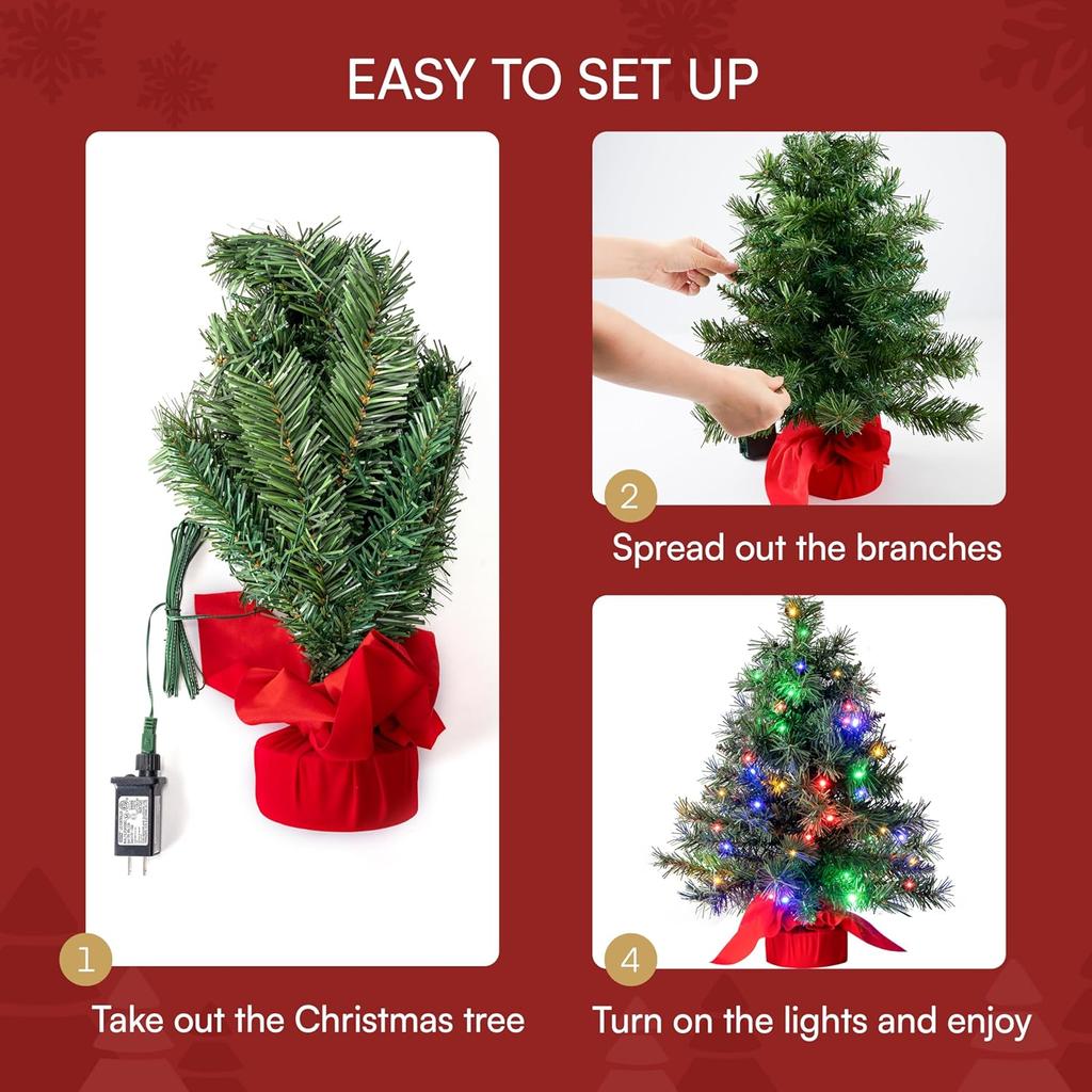 Small Tabletop Christmas Tree Multi-Color Lights Table Top Decorations Green Mini Lighted Xmas JOYFY 2FT LED 24 with for Kid Friendly Entertaining Fun