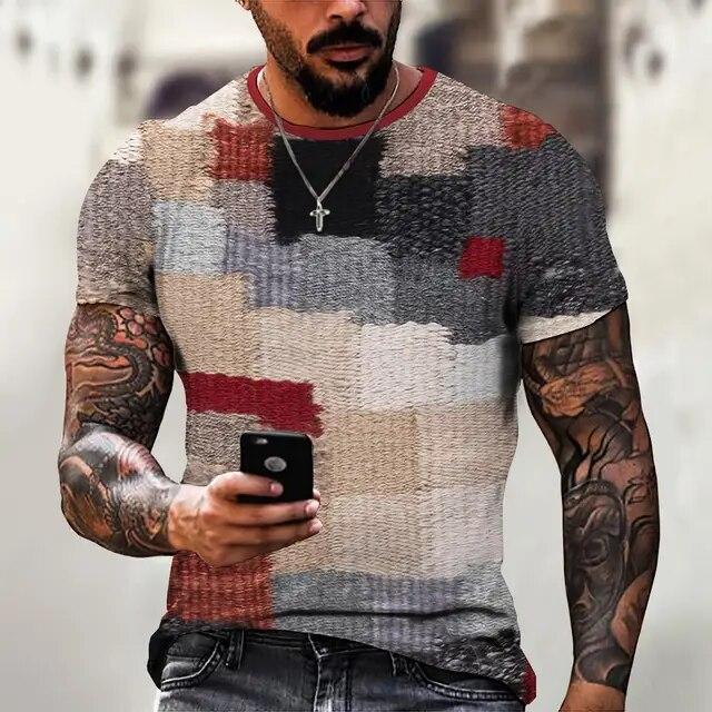 Spliced Men's T-Shirt Retro Short Sleeved Tees Men's Clothing Plaid Pattern Printed T-Shirts Oversized European Tops