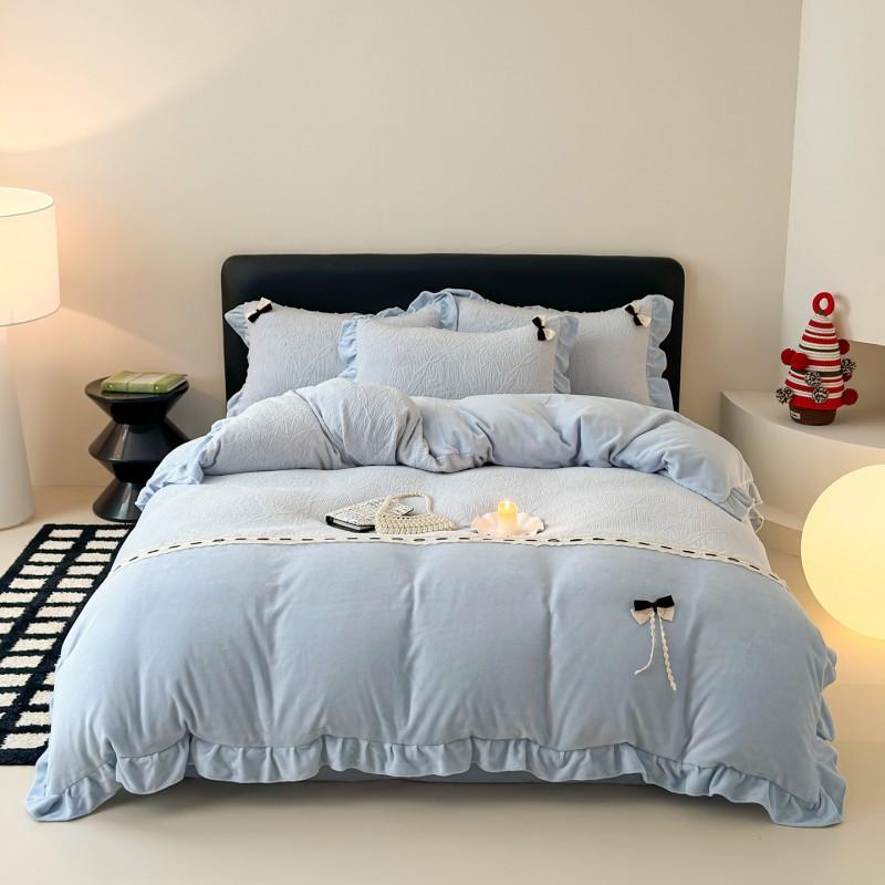 Korean Style Milk Fleece Bedding Set Lace Trim Bow Decor Thick Warm Anti-Static