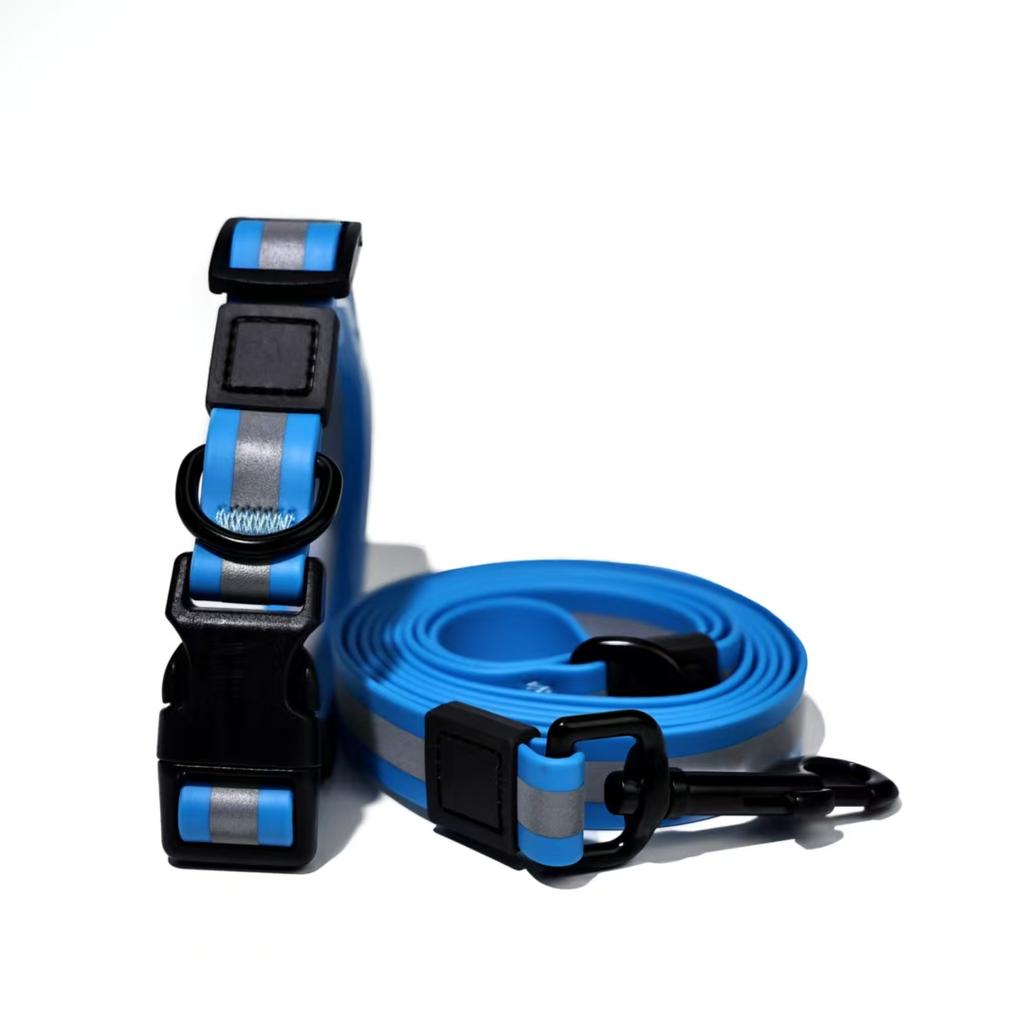 Reflective Strip Waterproof PVC Adjustable Dog Collar Leash Set with 360 Rotatable Zinc Alloy Buckle Night Visible