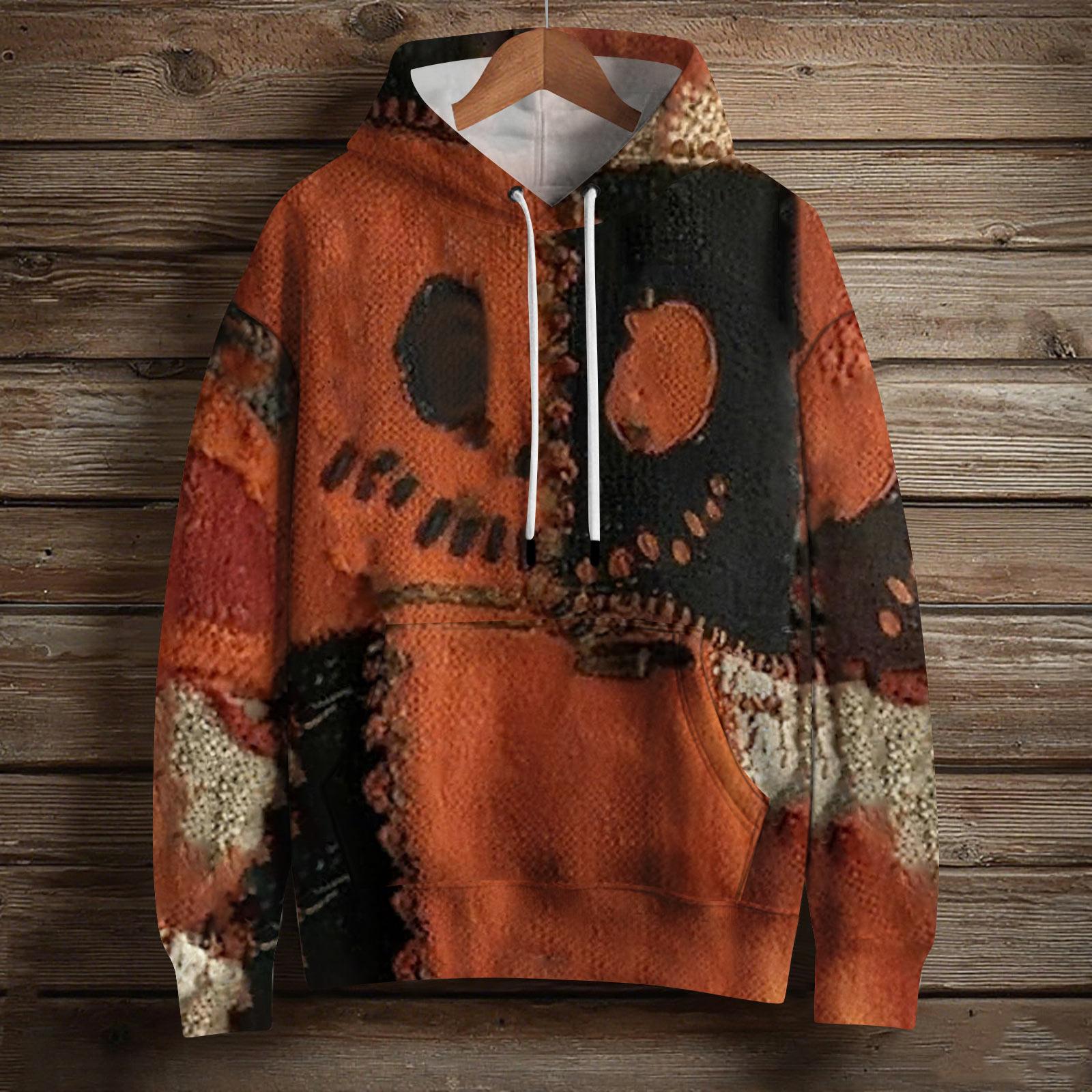 Damenmode Langarm Pullover Halloween-Druck Kapuzen-Taschen-Sweatshirt S brown