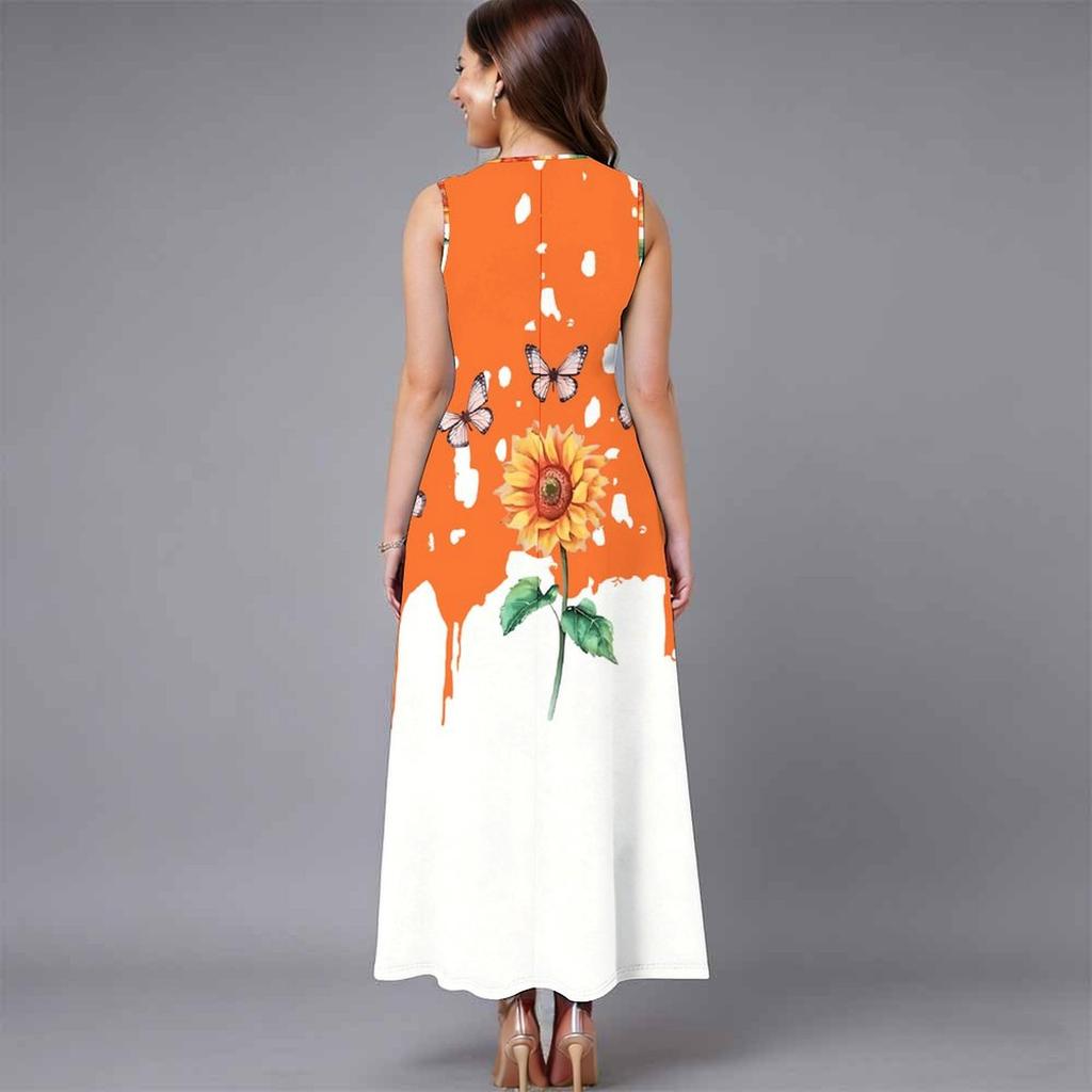 Plus Size Sleeveless Round Neck Dress Retro Tiny Floral Print Flowy Midi Dress