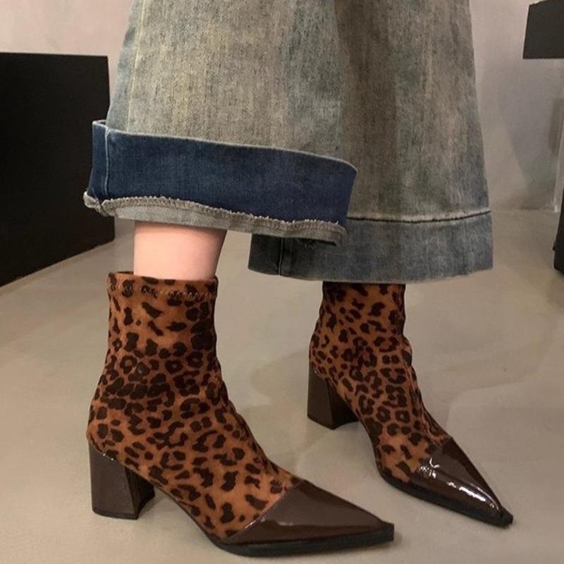 Leopard Women Ankle Boots Sexy Pointed Toe High Heels Shoes Suede Designer 2025 Trend New Winter Chelsea Boots Pumps