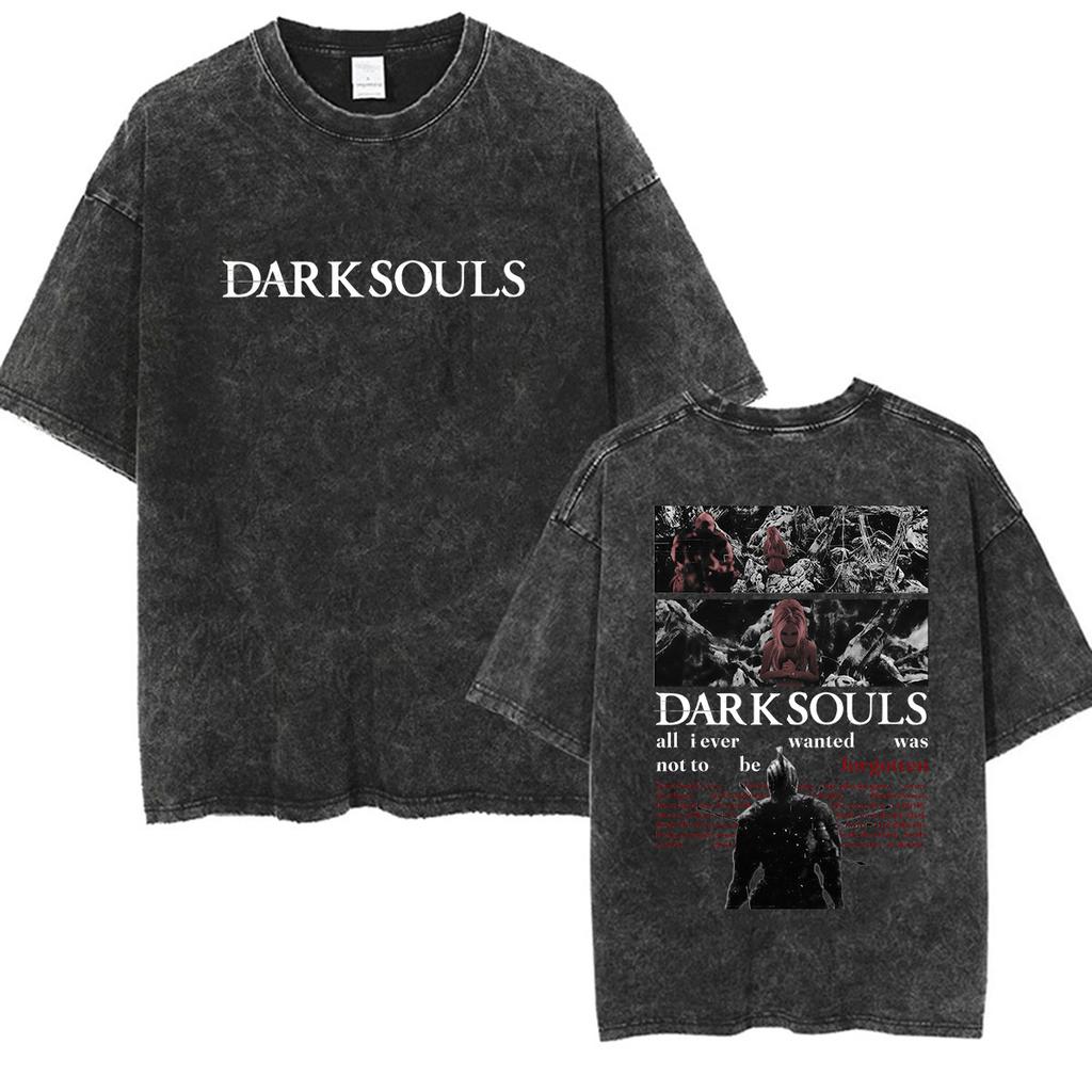 Vintage Washed Dark Souls 3 Hot Game Graphic T Shirt Mens Women Classic Player Fashion Cotton Short Sleeve Tshirts Streetwear