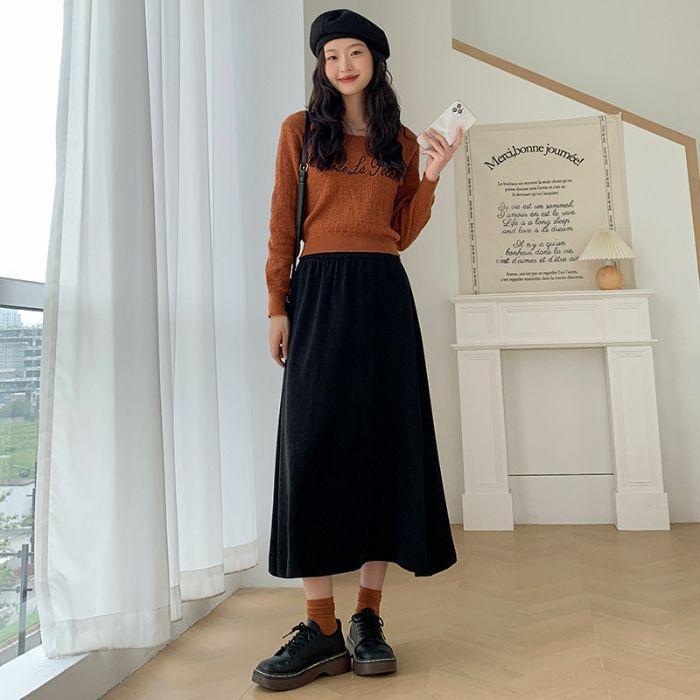 Women's Corduroy High-Waist Straight Midi Skirt - Celebrity Style Autumn/Winter Slim Fit