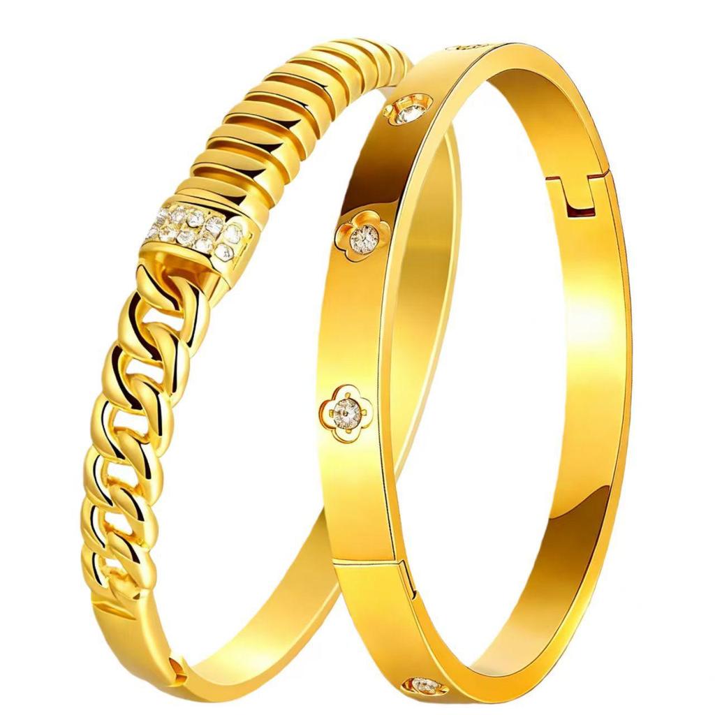 18K Gold-Plated Stainless Steel Bracelet for Girls & Women with Diamond Inlay - Retro Stackable Design