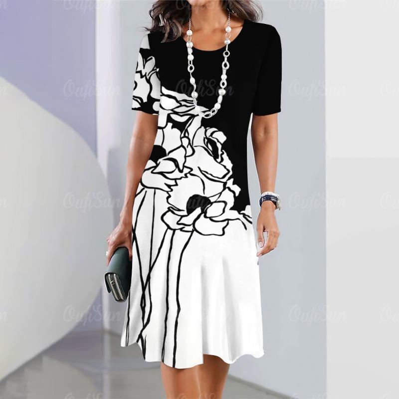 Neue Vintage Damenkleider mit Blumen-Patchwork-Print, elegantes, lässiges Kurzarmkleid Y2k, lockeres, übergroßes Modekleid 2023