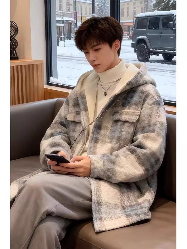 Melaleuca Men's Winter Hooded Plaid Plush Jacket - Trendy, High-End, Velvet, Handsome Coco Style