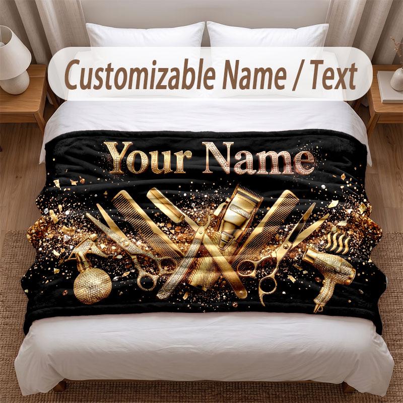 Barber Salon Theme Soft Blanket Personalized Custom Name Text Print Warm Blanket Home Sofa Bedroom Decor