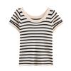 Color Block Striped Crew Neck Short Sleeve Knit T-Shirt Slim Fit Casual Top Women