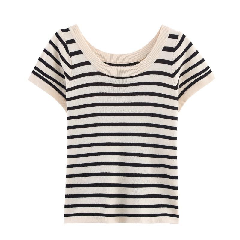 Color Block Striped Crew Neck Short Sleeve Knit T-Shirt Slim Fit Casual Top Women
