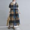 Women Cotton and Linen Dress Vintage Plaid Print O Neck Half Sleeves Side Pockets Robes Casual