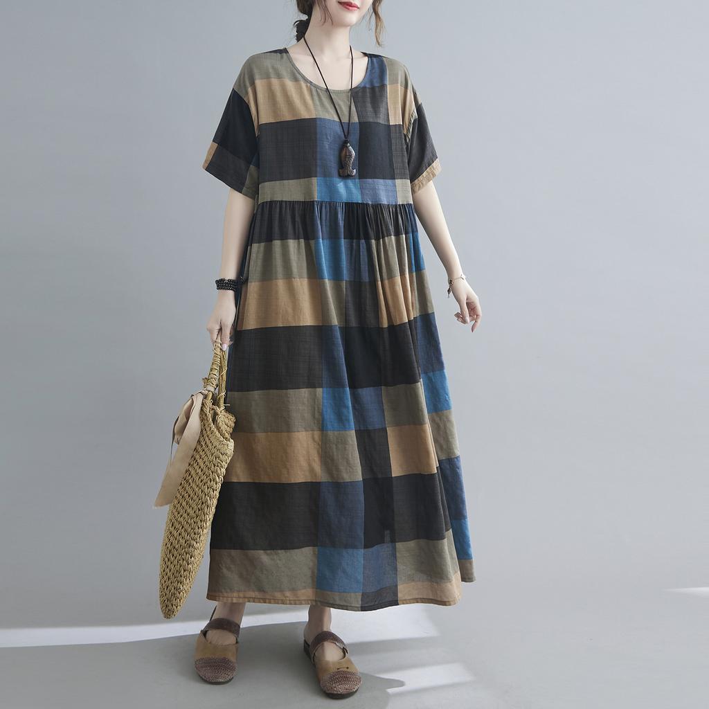 Women Cotton and Linen Dress Vintage Plaid Print O Neck Half Sleeves Side Pockets Robes Casual
