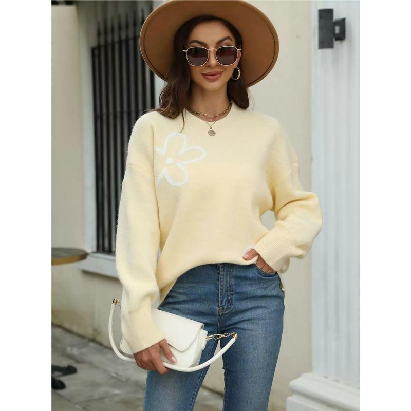 

European and American Autumn Print Pullover Sweater Flowers Knit Loose Knit round Neck Sweater Light yellow L