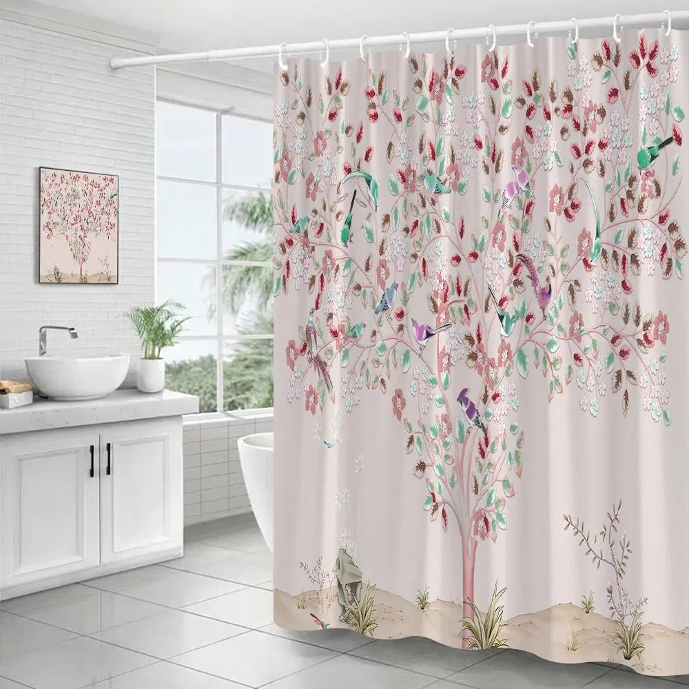 Flowers Birds Shower Curtains Creative Pink Floral Tree Plant Chinese Style Art Polyester Fabric Bathroom Decor Bath Curtain Set