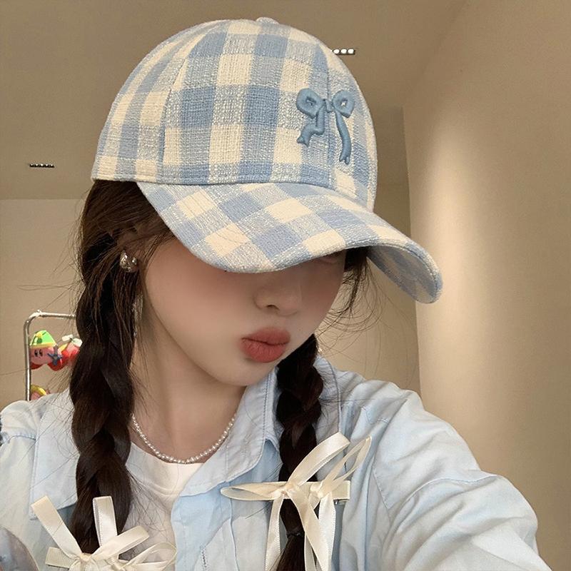 RICYGVM Embroidery Bow Baseball Hat Women Outdoor Sun Protection Visors Fashion Plaid Duckbill Cap Korean Girls Duck Tongue Caps