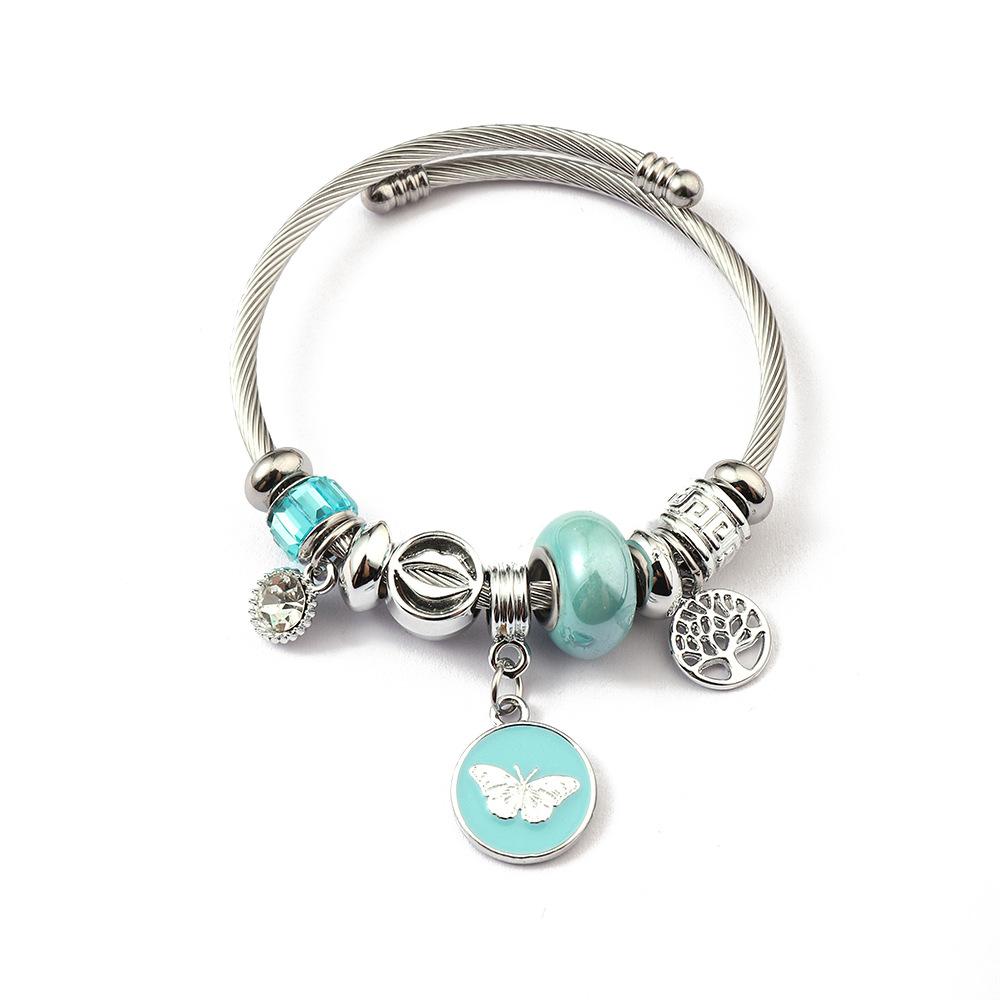 Simple Fashion Stainless Steel Bracelet With Crystal Bead Pendant Unisex Jewelry