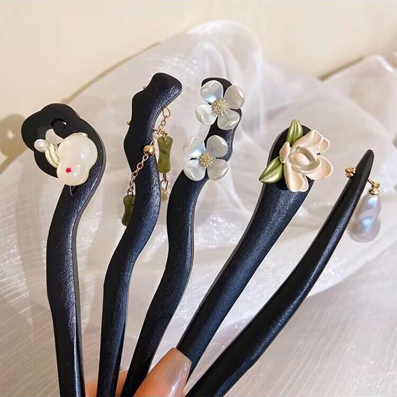Antique Wood Hairpins Female New Chinese Simple Geometric Black Hair Sticks Hair Clips For Women Hair Accessories Pearl Headwear